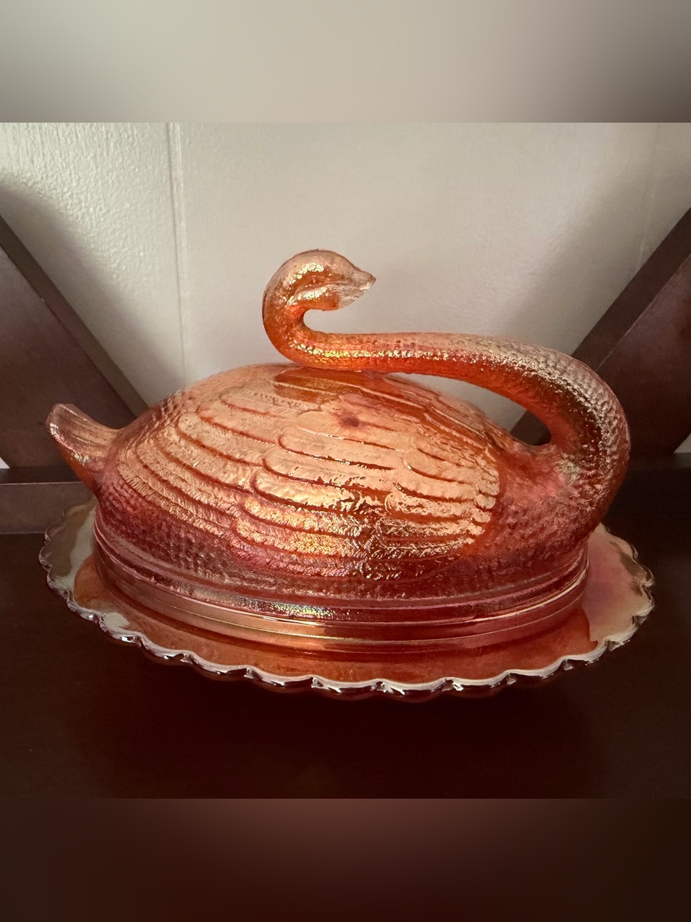 Vintage Antique Sowerby Marigold Carnival Glass Covered Swan Butter Dish